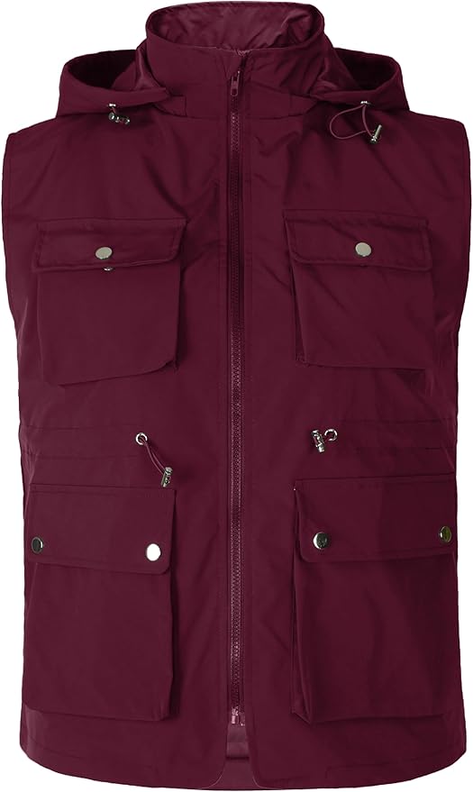 PESION Womens Packable Military Utility Vests Outerwear Waterproof Windbreaker Jacket Cargo Vest with Removable Hood