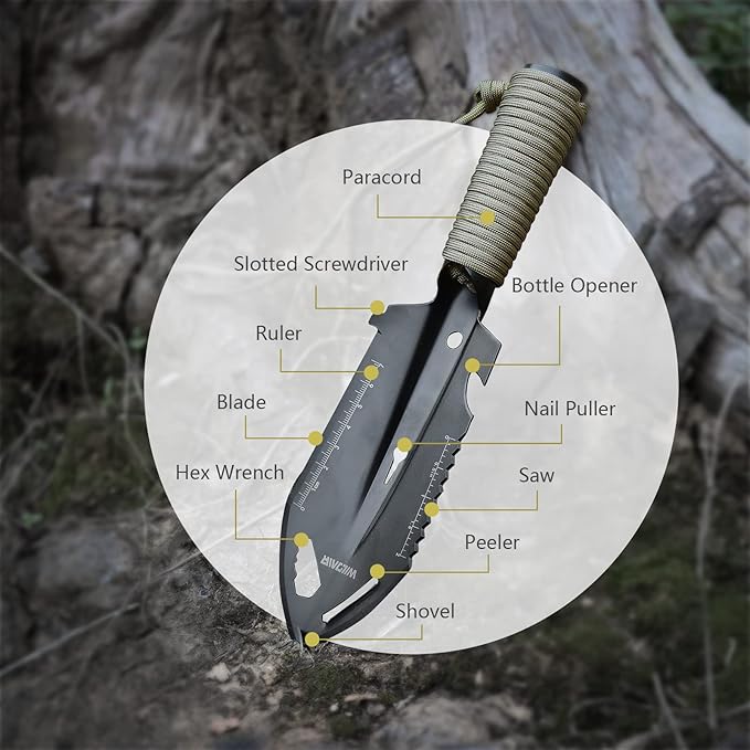 WILDAIR Camping Shovel Multifunctional 7 in 1 Survival Multitool Small Survival Shovel for Camping Tactical Shovel (Black)