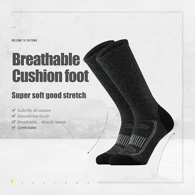 SOX TOWN Men's Merino Wool Cushion Crew Socks for Outdoor Hiking Hike Trail Performance Moisture Wicking Lightweight Summer