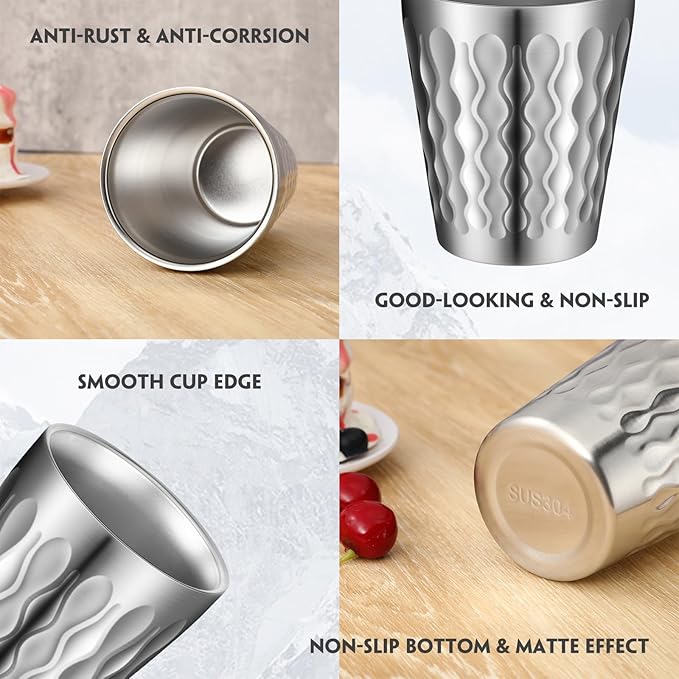 8 Pack Stainless Steel Cups Pint Cup Metal Double Layer Insulated Drinking Beer Water Tumbler Camping Reusable Stackable for Office Party Hot Cold Drink (Silver,8.8oz)