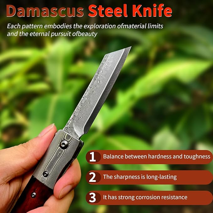 KATSU Handmade Damascus Pocket Knife Wood Handle, Japanese Razor Folding Knives for Men Linner Lock,Snake Wood Damascus Blade Flipper Knife with Leather Sheath Camping Hiking