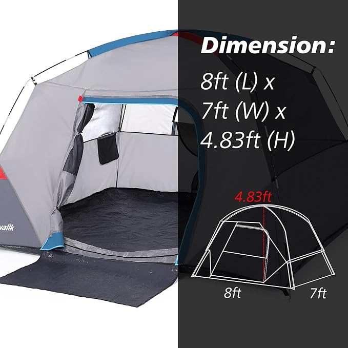Camping Tent 4 Person Dome Tents, Easy Set Up Waterproof Tent with Carry Bag, Mesh Door, Portable Family Tent with Rainfly for for Traveling and Family Hiking, Blue