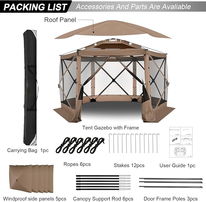 COBlZl 12x12 pop up Gazebo on Clearance Screen Canopy Tent for Camping,Outdoor Instant Stargazing Gazebo,Portable Hub Tent with Removable Sidewalls,Pavilion for Backyard,Khaki