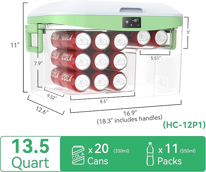 12 Volt Refrigerator Portable Car Freezer 13.5 Quart (12.8 Liter) Compressor Cooler 12V/24V DC 110~240 Volt AC for Truck Van RV Camper SUV Boat Travel Camping Road Trips Tailgating -18℃~+15℃
