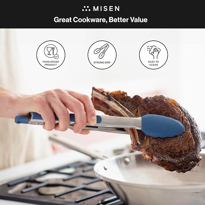Misen Kitchen Tongs - Dishwasher Safe, Heavy Duty - Precision Silicone-Tipped Grilling Tool - Heat Resistant, Nonstick Safe - Perfect for Serving and Air Frying- 13 Inch | Blue