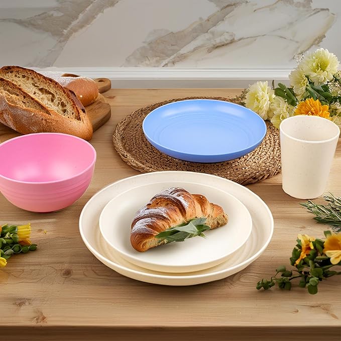 Supernal Plastic Plates Reusable Unbreakable Wheat Straw Dinnerware Set, 16Pcs Plates and Bowls Sets, Vajillas Modernas Para 4 Personas, Camping Dishes, Apartment Essentials(Beige, Blue, Green, Pink)