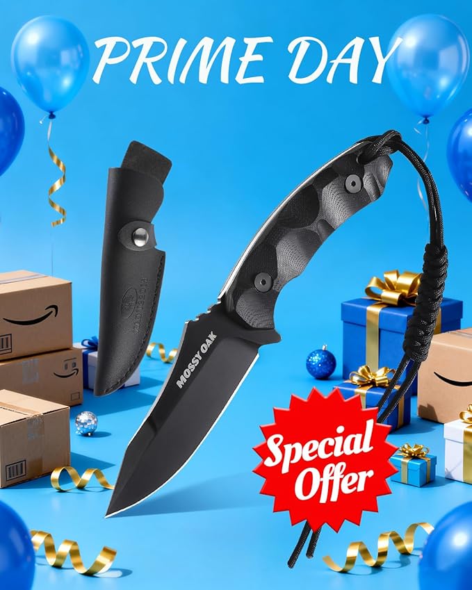 Mossy Oak 9" Fixed Blade Hunting Knife with Sheath, 14C28N Full Tang, G10 Handle Outdoor Knife for Survival, Camping, Hiking(Black)