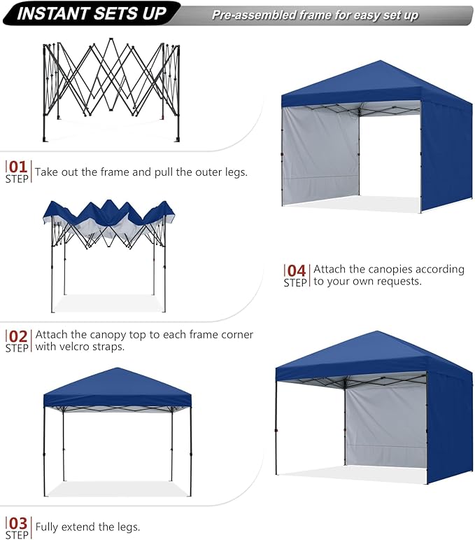 ABCCANOPY Easy Pop up Canopy Tent with 2 Sidewalls for Outdoor Sun Blocking or Rain Protection,10x10, Navy Blue