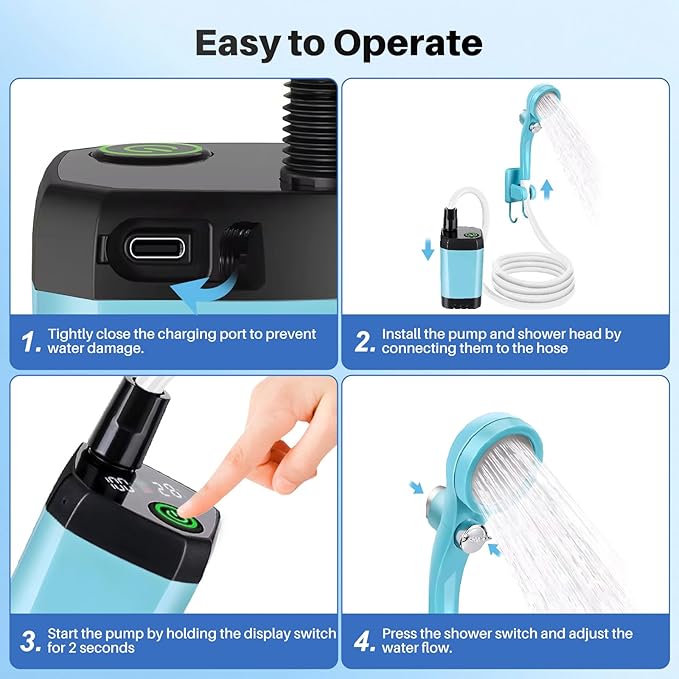 Portable Camping Shower with Heater, 6000mAh Rechargeable Portable Shower with 2000W Immersion Heater, LED Display, Heated Camping Shower for Travel, Hiking, Car, Pet