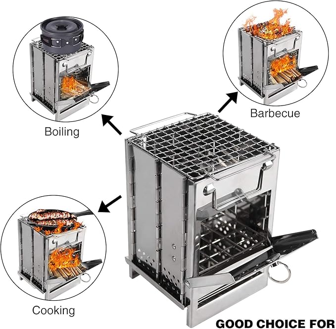 REDCAMP Wood Burning Folding Camp Stove Stainless Steel Grid, Portable Collapsible Backpacking Stove Survival Rocket Stove for Outdoor Tent Camping Hiking Picnic BBQ, Samll