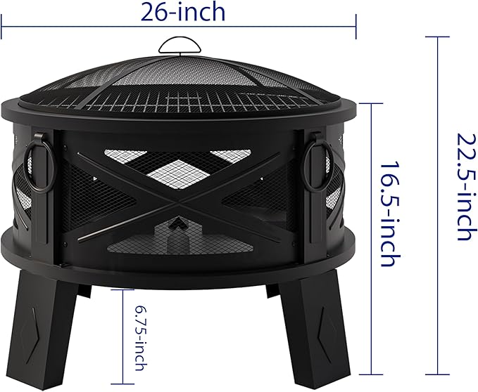 Fire Beauty 26"Steel Fire Pit with Grill Grate&Spark Screen,360° Airflow Boost Technology,Less Smoke,Larger Flames,Heavy-Duty Portable Camping Fire Pit for Backyard,Beach,RV (22lbs,4 Handles,Dual-Use)