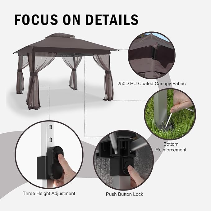 Pop Up Gazebo 11x11 - Outdoor Canopy Tent with Mosquito Netting & Wheeled Carry Bag, Double Roof Gazebos for Backyard Party Garden Wedding Camping (Brown, 11x11)