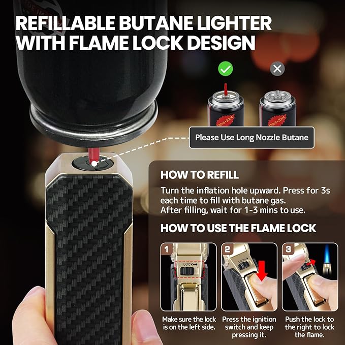Butane Torch Lighter Adjustable Kitchen Torch with Safety Lock, Butane Refillable Gas Lighter Cooking Torch - Adjustable Windproof Jet Flame for Camping Baking BBQ Soldering Grill Candle