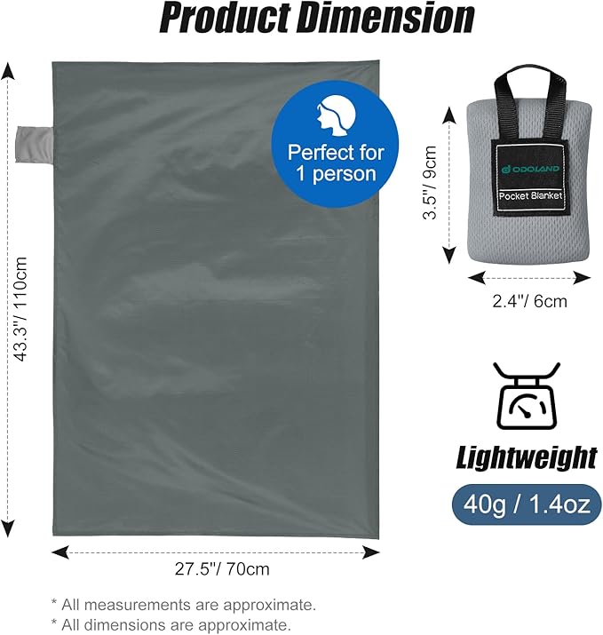 Odoland Beach Picnic Blanket, 43.3" x 27.5" SandProof Waterproof Outdoor Pocket Blanket with Portable Bag, Foldable Lightweight Sand Free Beach Mat for 1 People Hiking, Camping, Travel, Grey