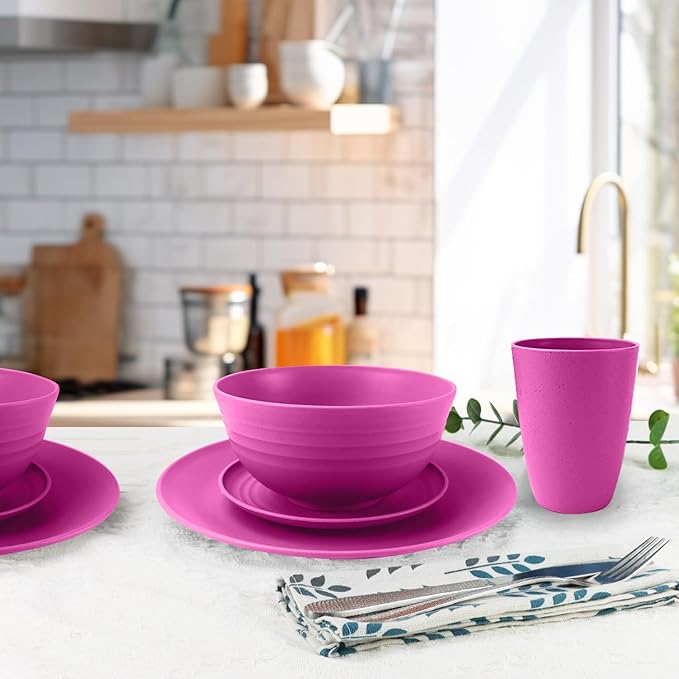 40 Pieces Wheat Straw Dinnerware Sets Service for 8, Plates and Bowls Sets, Dinner Plates, Cereal Bowls and Drinking Cups, Unbreakable and Reusable Plastic Dinnerware Sets (Pink)