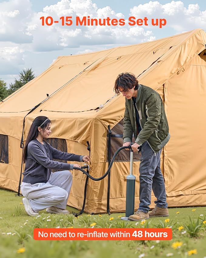VEVOR Inflatable Tents for Camping, Easy Setup Blow up Tent with Hand Pump, 4 Season Glamping Tent with Stove Jack, Doors & Mesh Windows, Storage Bag Included for Easy Taking