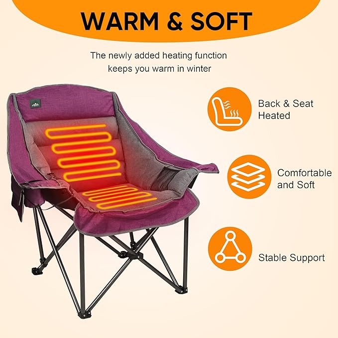 Northroad XL Heated Camping Chair, Oversized Heated Chairs,Portable Folding Heated Lawn Chair W/3 Control Levels for Outdoor Hiking, Picnics, Heavy-Duty 400-lbs Capacity, (Battery NOT Included)