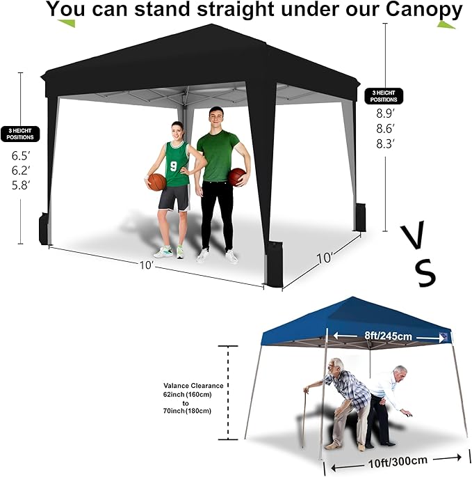 SANWAY 10x10 Pop Up Canopy Tent, One-Button Easy Setup, Outdoor Sun Shade for Events, Camping, Parties, Beach Tent - Black (Black, 10'x10')
