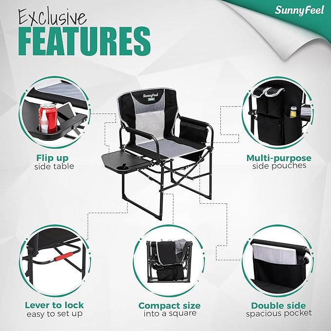 SUNNYFEEL Oversized Camping Directors Chair, Portable Folding Lawn Chairs for Adults Heavy Duty with Side Table,Pocket for Beach, Fishing,Picnic,Concert,Tailgating,Outdoor Foldable Camp Chair