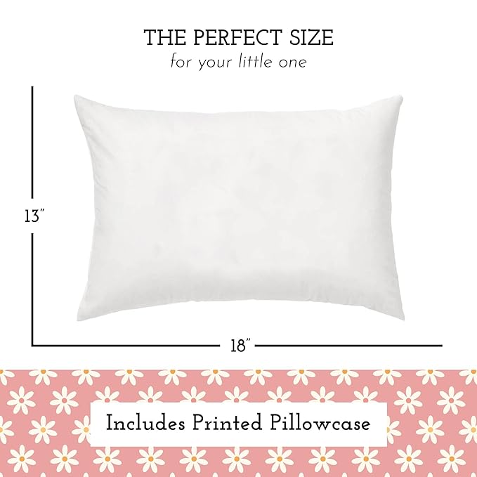 Little Sleepy Head Toddler Pillow with Pillowcase 13x18 - Kids Pillow for Sleeping - Better Neck Support Ergonomic Pillow and Toddler Pillowcase - Best Pillows for Kids (Daisies)