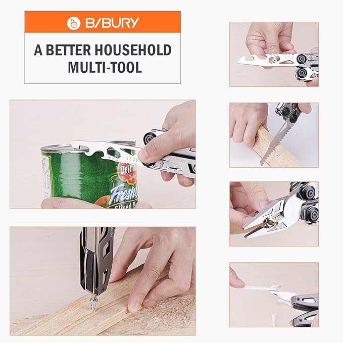 BIBURY Multitool Pliers, 18 in 1 Multi Tool with Titanium-Plated Handle & Safety Hammer, Safety Locking Design Stainless Steel Tool Pocket Knife for Outdoor, Survival, Camping, Hiking, Home Repair