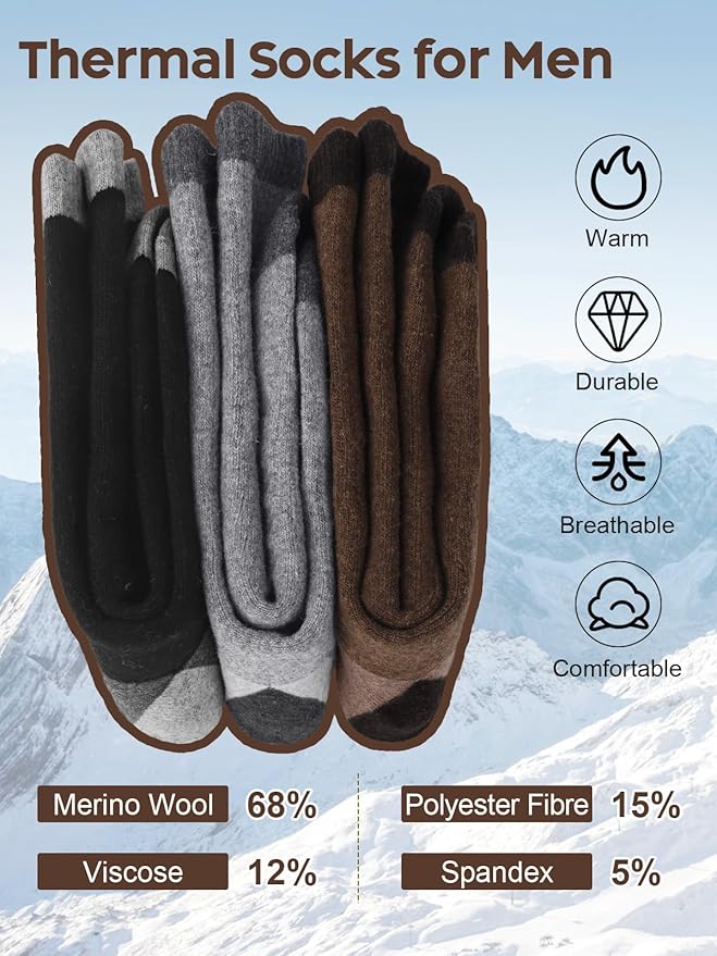 Senker Fashion Merino Wool Hiking Socks for Men, Warm Crew Socks W/Cushion Moisture Wicking for Trekking Work Outdoor