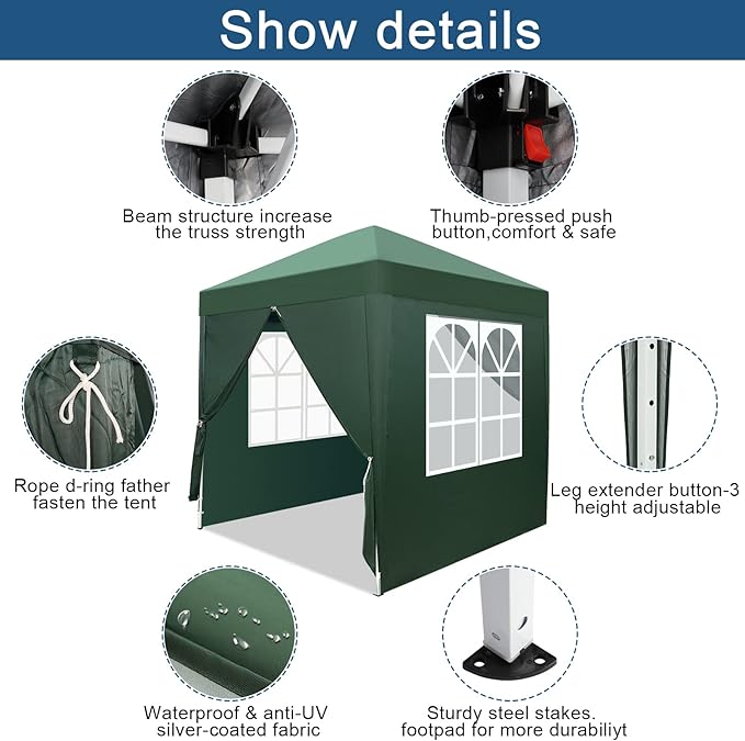 Outvita 6.5x6.5ft Pop Up Canopy Tent, Outdoor Instant Shelter Folding Canopy with 4 Side Walls and Carry Bag for Commercial Events, Party, Backyard BBQ, Camping Green