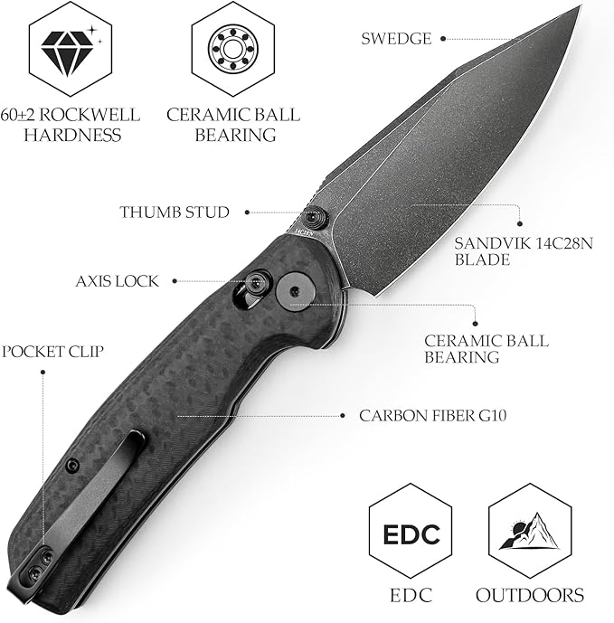 Crossbar Lock Folding Knives, 3.34” 14C28N EDC Knife for Men, Pocket Knife with Clip,Thumb Studs,G10 Handle,Outdoor Camping,Hornet-CG