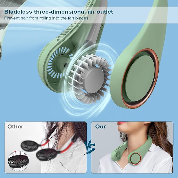CIVPOWER Neck Fan: Portable Personal Neck Cooling Rechargeable Bladeless Fan - Hands Free 3 Speed 4000 mAh Battery USB Operated Wearable Headphone Design - for Men Women Outdoor Indoor (Light Green)