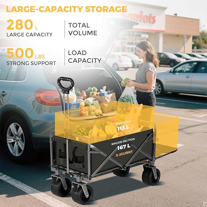 Collapsible Wagon Cart with Removable Tabletop, 500LBS Folding Wagons with Extended Tailgate, Big All-Terrain Wheels, Heavy Duty Utility Wagon Carts for Beach, Picnic, Grocery, Outdoor