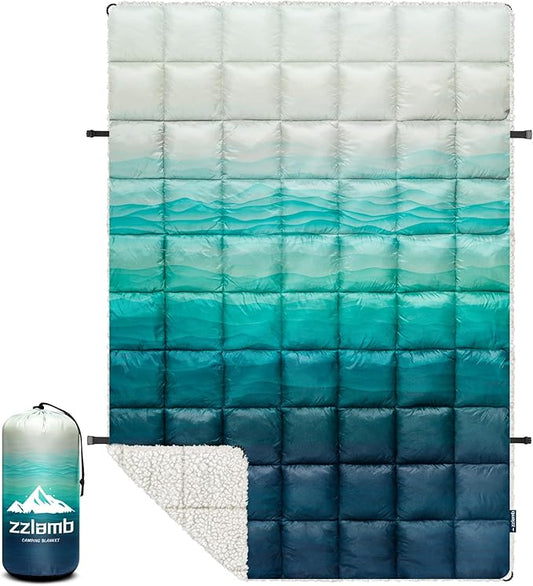 zzlamb Sherpa Puffy Camping Blanket,Packable Outdoor Warm Wearable Fleece Blankets for Cold Weather,Thick Camp Quilt with Sherpa Lining for Sleeping,Traveling,Backpacking,Picnics,Beach,Stadium 52x75in