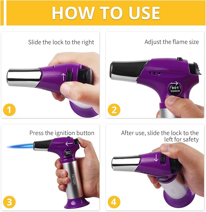 TBTEEK Butane Torch T901, Kitchen Torch Cooking Torch with Safety Lock & Adjustable Flame for Cooking, BBQ, Baking, Brulee, Creme, DIY Soldering(Butane Not Included), Purple