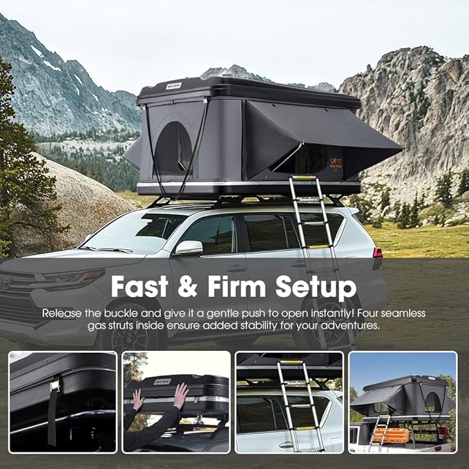 Sanhima Rooftop Tent Hard Shell - Jervis Loft Overland Aluminium ABS Roof Top Tent w/ 4 Sides Windows & AC Duct Hole for Car SUV Truck Camping, for 2-3 People