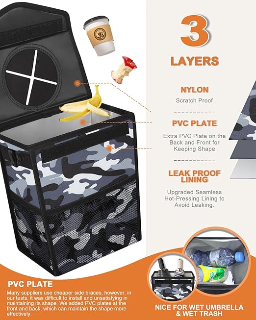 Car Trash Can with Lid, Cute Leakproof Car Trash Garbage Bag Hanging Vehicle Trash Bin Small Portable Automotive Garbage Cans Organizer for Back/Front Seat/Console(Trapezoid,Camo Grey)