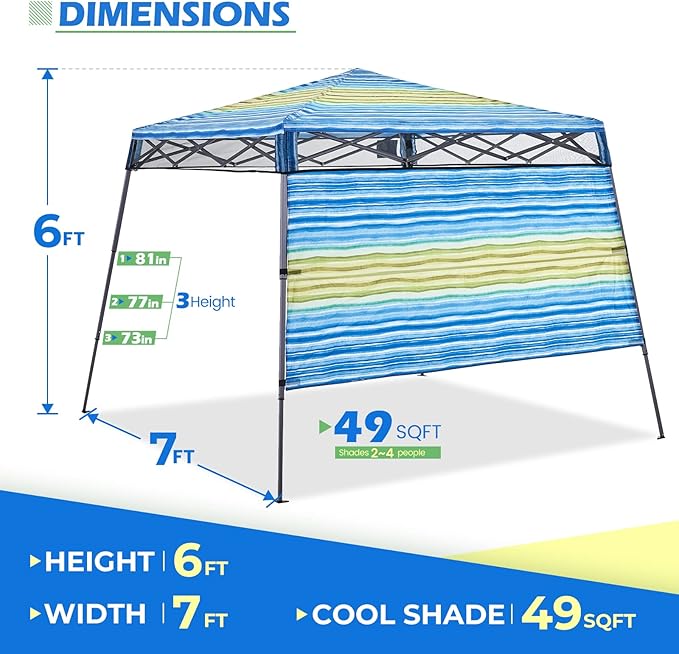7’x7’ Instant Canopy Tent Pop up Canopy with One Sidewall Compact and Lightweight Beach Canopy with Backpack
