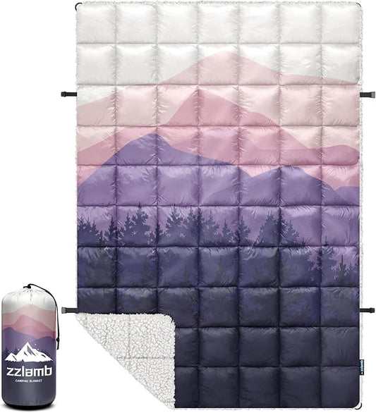 zzlamb Sherpa Puffy Camping Blanket,Packable Outdoor Warm Wearable Fleece Blankets for Cold Weather,Thick Camp Quilt with Sherpa Lining for Sleeping,Traveling,Backpacking,Picnics,Beach,Stadium 52x75in