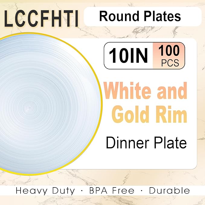 100PCS White Gold Plastic Plates, 10 Inch Heavy Duty Disposable Dinner Plates with Gold Rim, Round Party Plates for Wedding, Party, Camping, Picnic, Birthday
