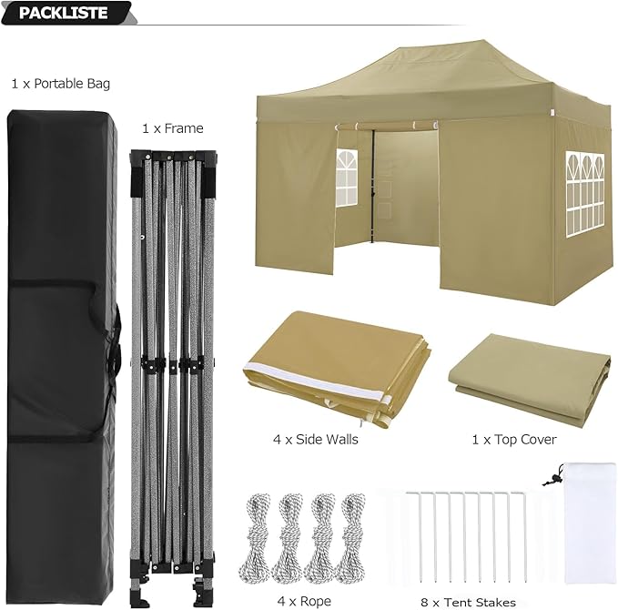COBIZI 10x15 Pop up Canopy Tent 10x15 Canopy with 4 Sidewalls Waterproof Heavy Duty Commercial Tent for Parties Outdoor Garden Gazebo, Carry Bag(10x15ft, Khaki)