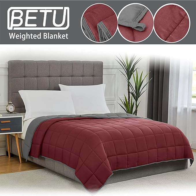 Weighted Blanket for Adults 12lbs, 48"x72" Twin Size Cooling Heavy Blanket for 130-220lbs with Premium Glass Beads, Soft Thick Big Blankets for All-Season Sleeping Comfort Breathable, Red Grey