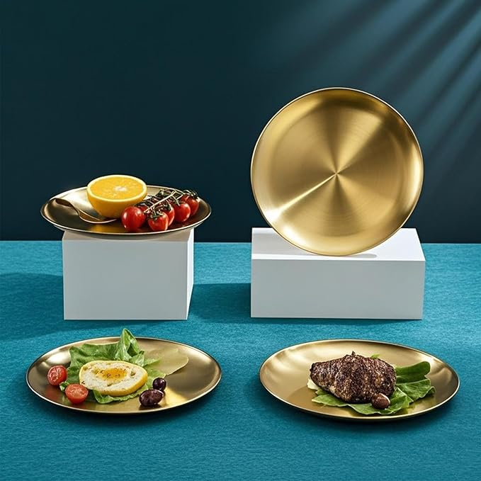 18/8 Stainless Steel Dinner Plate for Main Dishes, Grilled Meat, Dessert, Salad, and Fruit - 9 Inches (23 cm) Large Capacity(Gold-8PC)