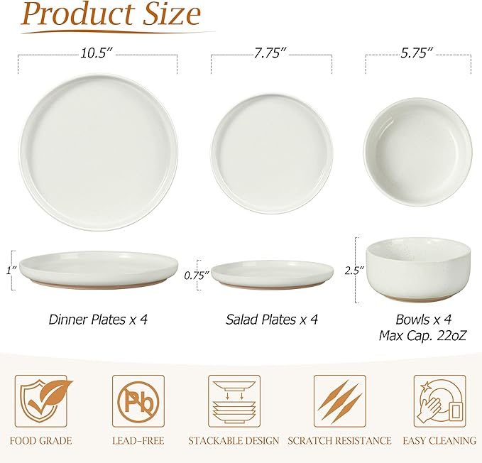 LIANYU Dinnerware Sets, 12 Piece Plates and Bowls Set for 4, Ceramic Dishware Dishes Set, Scratch Resistant Kitchen and Dining Stoneware Plates, Microwave & Dishwasher Safe, Snowy White