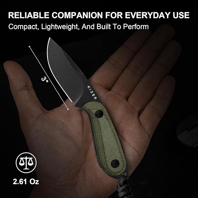 Kizer Buddy Fixed Blade Knife, 3" D2 Steel Camping Knife with Olive Green Micarta Handle, Compact EDC Fixed Blade Knives with Sheath for Hiking & Camping 1081M1