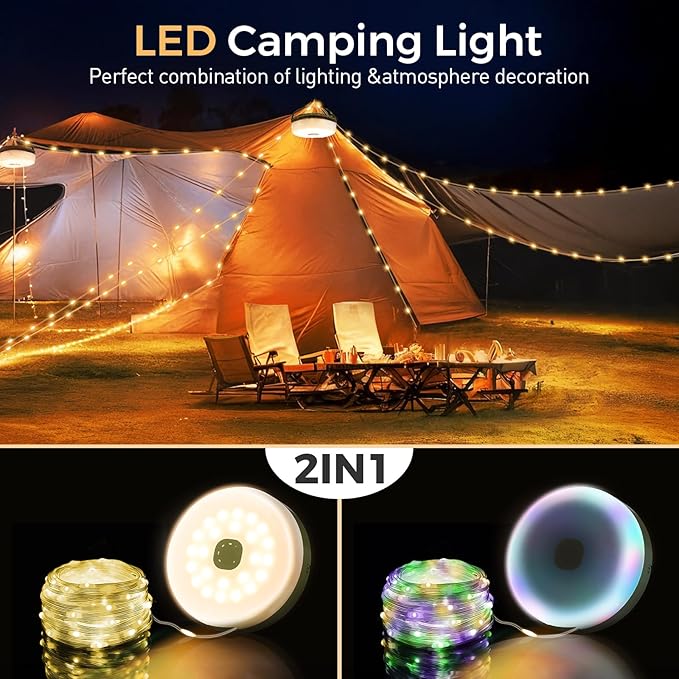 Camping String Lights, 2 in 1 Quick Storage 32.8FT Rechargeable Tent Lights String with 8 Modes, Hanging Waterproof Portable LED Lamp for Outdoor Patio Awning Garden Party Essentials