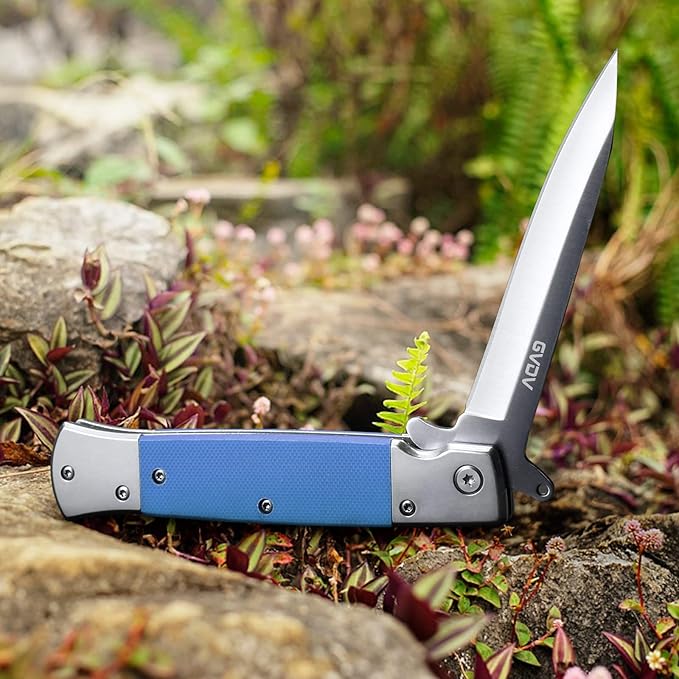 GVDV Folding Pocket Knife with G10 Handle, 7Cr17 Stainless Steel EDC Knife with Safety Liner-Lock, Camping Hunting Survival Knife for Men Women, Blue