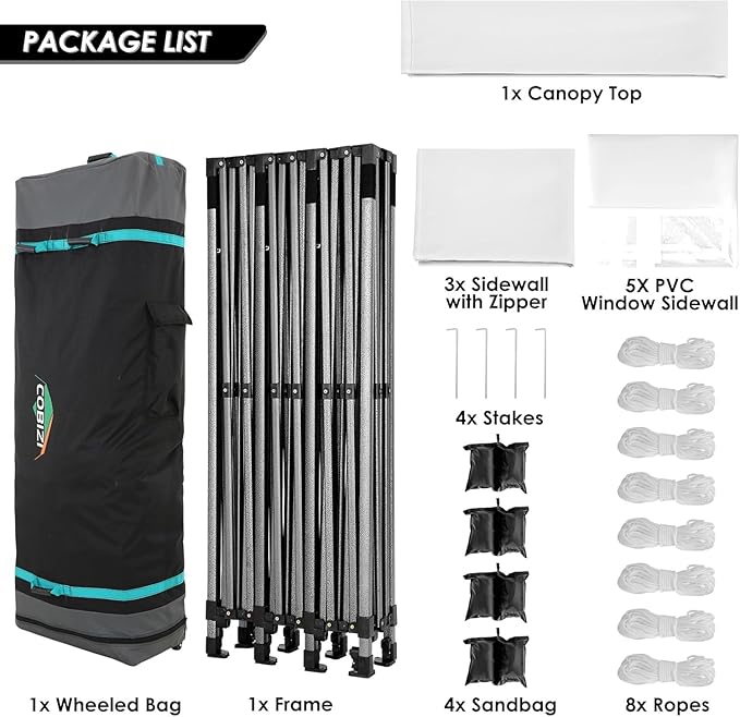 COBIZI 10x30 Pop up Canopy Tent with Sidewalls, Heavy Duty Party Tent Tents for Parties, Foldable UPF 50+ Waterproof Commercial Easy up Canopy with Roller Bag, White(Windproof Upgraded)