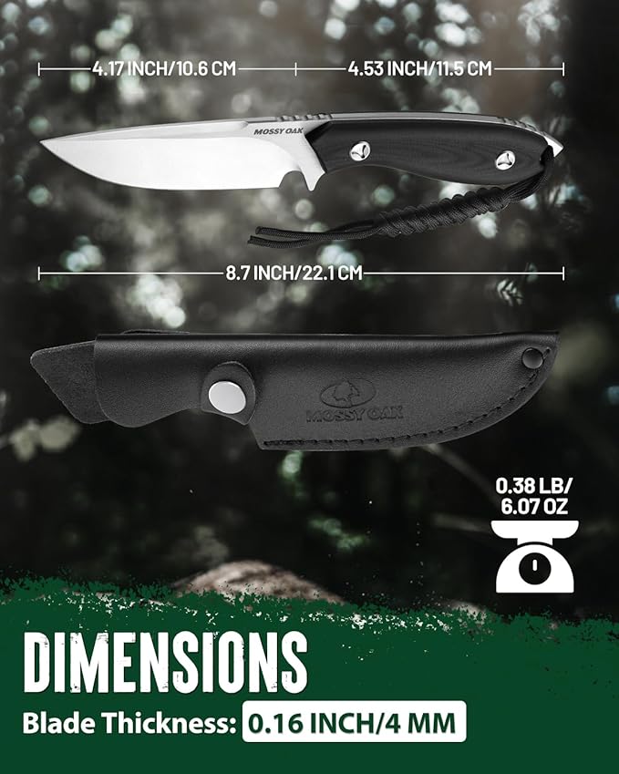 Mossy Oak 8.75 Inch Fixed Blade Knife with Leather Sheath, Full Tang Outdoor Camping Knife, G10 Handle for Bushcraft, Survival, Camping, Hiking