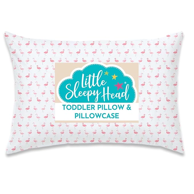 Little Sleepy Head Toddler Pillow with Pillowcase 13x18 - Kids Pillow for Sleeping - Better Neck Support Ergonomic Pillow and Toddler Pillowcase - Best Pillows for Kids (Flamingo Flock)