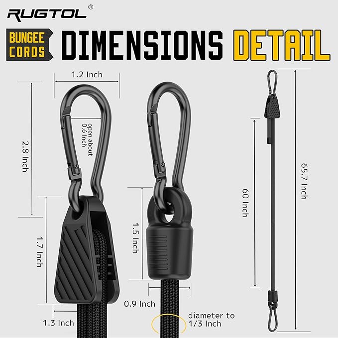 Bungee Cords with Hooks, Upgrade 60 inch Adjustable Bungee Cords with Carabiner Hooks, Easy to Adjust from 7'' to 60'' Elasticity UV-Resistance Bungee Straps Heavy Duty for Bike, Cargo, Tent, 12 Pack
