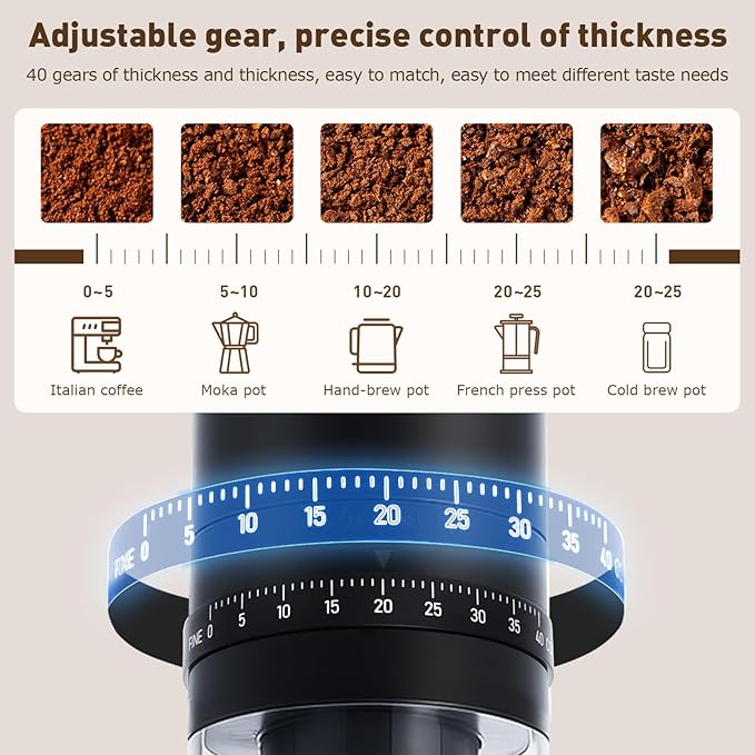 Portable Electric Burr Coffee Grinder with 40 Adjustable Settings, Conical burr coffee grinder, Coffee Bean Grinding Machine with Conical Burr Coffee Grinder 1800mAh Rechargeable for Travel, Home