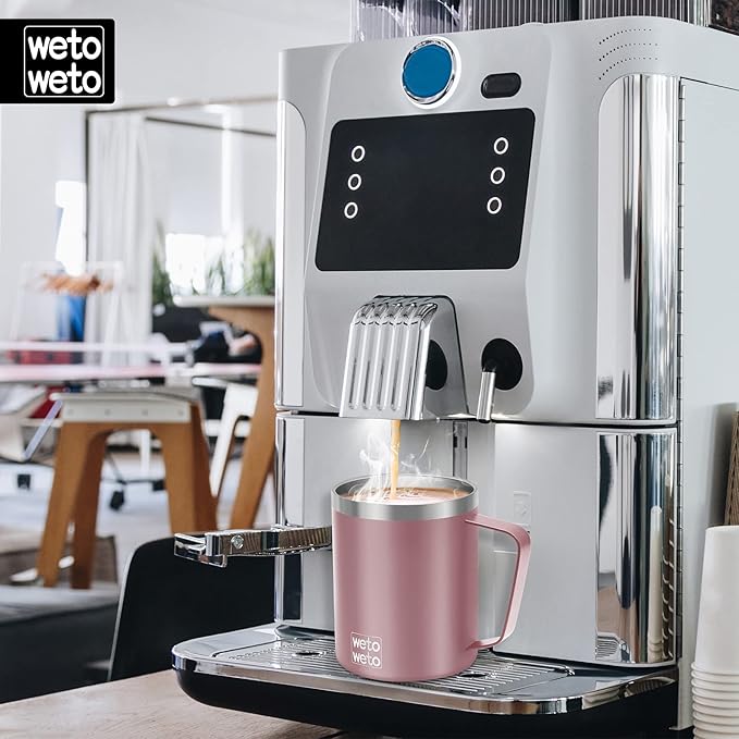 WETOWETO 14 oz Coffee Mug, Vacuum Insulated Camping Mug with Lid, Double Wall Stainless Steel Travel Tumbler Cup, Coffee Mugs Outdoor, Rose Gold & Cool Grey 2 Packs